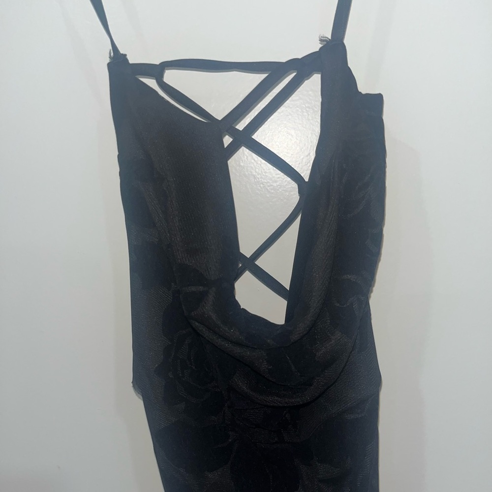 Black dress with velour flowers and tie up sexy back with zipper
